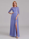 Charming Illusion 3/4 Sleeves Side Slit Chiffon Long Bridesmaid Dresses With Lace