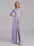 Charming Illusion 3/4 Sleeves Side Slit Chiffon Long Bridesmaid Dresses With Lace