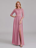 Charming Illusion 3/4 Sleeves Side Slit Chiffon Long Bridesmaid Dresses With Lace