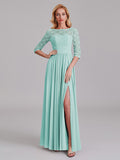 Charming Illusion 3/4 Sleeves Side Slit Chiffon Long Bridesmaid Dresses With Lace