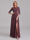 Charming Illusion 3/4 Sleeves Side Slit Chiffon Long Bridesmaid Dresses With Lace