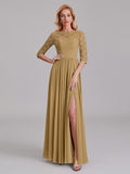 Charming Illusion 3/4 Sleeves Side Slit Chiffon Long Bridesmaid Dresses With Lace