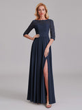 Charming Illusion 3/4 Sleeves Side Slit Chiffon Long Bridesmaid Dresses With Lace