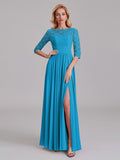 Charming Illusion 3/4 Sleeves Side Slit Chiffon Long Bridesmaid Dresses With Lace