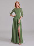 Charming Illusion 3/4 Sleeves Side Slit Chiffon Long Bridesmaid Dresses With Lace