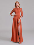 Charming Illusion 3/4 Sleeves Side Slit Chiffon Long Bridesmaid Dresses With Lace