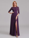 Charming Illusion 3/4 Sleeves Side Slit Chiffon Long Bridesmaid Dresses With Lace