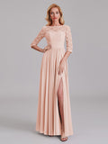 Charming Illusion 3/4 Sleeves Side Slit Chiffon Long Bridesmaid Dresses With Lace
