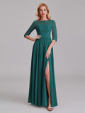 Charming Illusion 3/4 Sleeves Side Slit Chiffon Long Bridesmaid Dresses With Lace