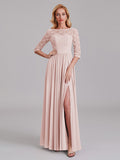 Charming Illusion 3/4 Sleeves Side Slit Chiffon Long Bridesmaid Dresses With Lace