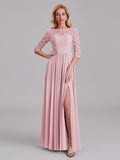 Charming Illusion 3/4 Sleeves Side Slit Chiffon Long Bridesmaid Dresses With Lace