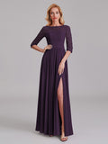 Charming Illusion 3/4 Sleeves Side Slit Chiffon Long Bridesmaid Dresses With Lace