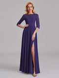 Charming Illusion 3/4 Sleeves Side Slit Chiffon Long Bridesmaid Dresses With Lace