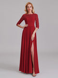 Charming Illusion 3/4 Sleeves Side Slit Chiffon Long Bridesmaid Dresses With Lace