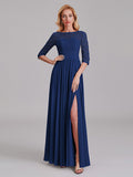Charming Illusion 3/4 Sleeves Side Slit Chiffon Long Bridesmaid Dresses With Lace