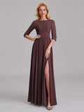 Charming Illusion 3/4 Sleeves Side Slit Chiffon Long Bridesmaid Dresses With Lace