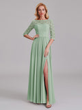 Charming Illusion 3/4 Sleeves Side Slit Chiffon Long Bridesmaid Dresses With Lace