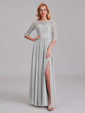 Charming Illusion 3/4 Sleeves Side Slit Chiffon Long Bridesmaid Dresses With Lace