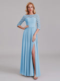 Charming Illusion 3/4 Sleeves Side Slit Chiffon Long Bridesmaid Dresses With Lace