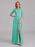 Charming Illusion 3/4 Sleeves Side Slit Chiffon Long Bridesmaid Dresses With Lace