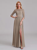 Charming Illusion 3/4 Sleeves Side Slit Chiffon Long Bridesmaid Dresses With Lace