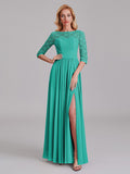 Charming Illusion 3/4 Sleeves Side Slit Chiffon Long Bridesmaid Dresses With Lace