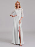 Charming Illusion 3/4 Sleeves Side Slit Chiffon Long Bridesmaid Dresses With Lace