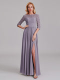 Charming Illusion 3/4 Sleeves Side Slit Chiffon Long Bridesmaid Dresses With Lace