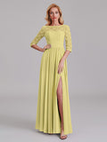 Charming Illusion 3/4 Sleeves Side Slit Chiffon Long Bridesmaid Dresses With Lace