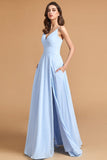 Flash Sale Minimalist A Line Spaghetti Straps V Neck Bridesmaid Dresses with Slit
